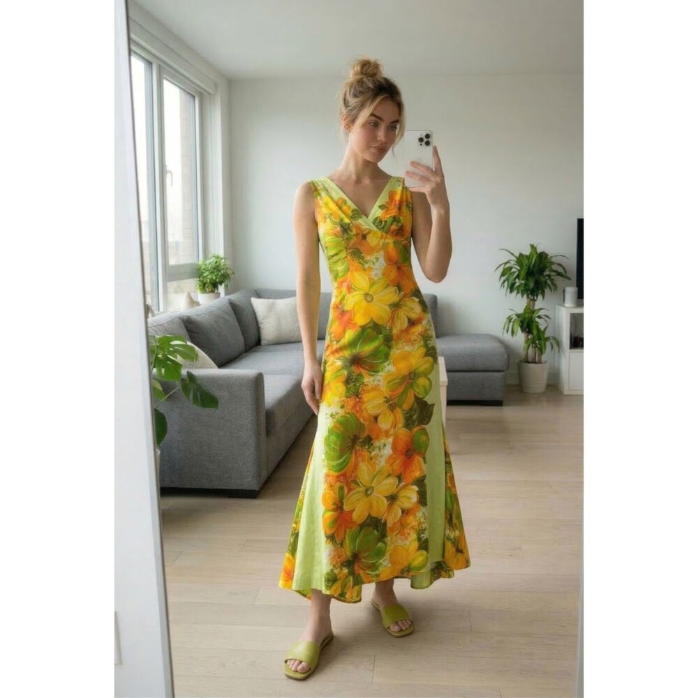 Vintage Hawaiian Watteau Back Floral Maxi Dress Small Cotton Waterfall Back Luau